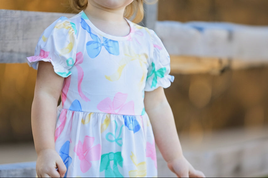 Easter Colorful Bow Print Puff Sleeves Girls Dress