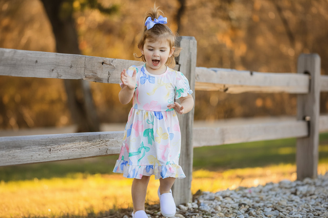 Easter Colorful Bow Print Puff Sleeves Girls Dress