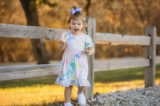 Easter Colorful Bow Print Puff Sleeves Girls Dress