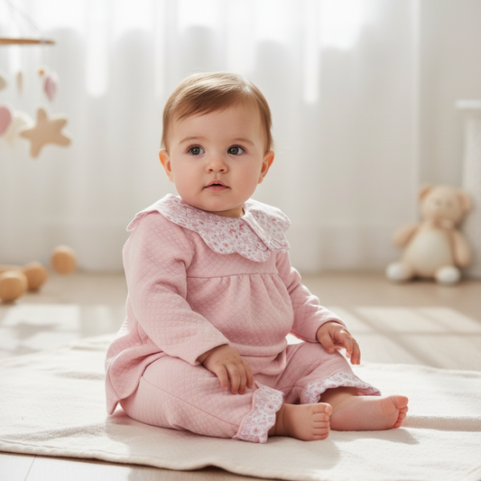 BUTTERFLY | Girls Pink Quilted Cotton Scalloped Pants Set